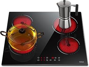 Hobsir hob Ceramic Hob 60 cm Electric Hob 4 Zone with Touch Control 6000W 9 Power Levels Safety Lock Auto switch off safety Residual heat indicator Hard Wire, No Plug Included