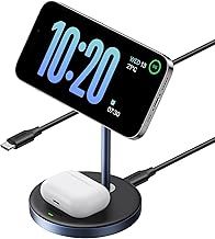 UGREEN MagFlow Wireless Charger Compatible with Magsafe Charger Stand, Qi 15W 2-in-1 Magnetic Charging Station Compatible with iPhone 16/15/15 Plus/15 Pro/15 Pro Max/14/13/12 Series, AirPods 4/3/2/Pro