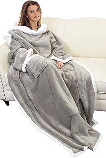 Catalonia Classy Warm Blanket with Sleeves, Cozy Gift for Chill Day, Dual Sherpa Fleece Blanket for Sofa, Soft Gift for Adult Women Men 185 x 140 cm, Black