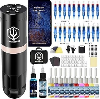 POSEIDON Wireless Tattoo Pen Kit - Professional Cordless Tattoo Gun with 1500mAh Battery, 20 Cartridge Needles & Smart OLED Display | Japanese Coreless Motor | Complete Starter Supplies (PK-HM124)