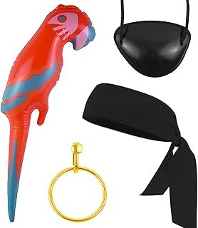 Pirate Costume Accessories Set - Captain Costume Hat, Bandana, Inflatable Parrot, Red Head Scarf, Pirate Eye Patch, Plastic Hoop Earring for Men, Women, Adults - Halloween, Cosplay, Party