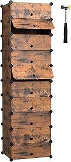 SONGMICS Interlocking Shoe Rack, Rectangular Storage Organiser, 10 Slot Modular DIY Storage Shelf Unit, 40 x 30 x 17 cm for Each Slot, Plastic Wardrobe with Doors, Rustic Brown LPC010A01