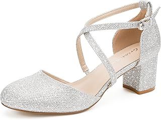 Greatonu Womens Court Shoes Mid Heel Chunky Dress Sandals Ladies Ankle Strap Wedding Party Pumps