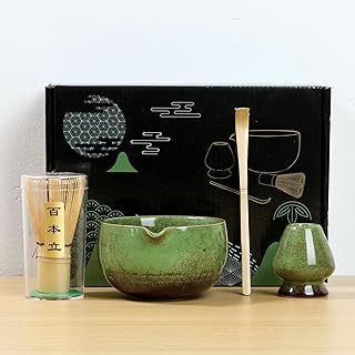 4Pcs Matcha Whisk Set Matcha Bowl Kit Elegant Japanese Matcha Tea Set Includes 500ml Ceramic Bowl, Bamboo Whisk and Holder, Scoop Matcha Making Kit for Tea Lovers(Green)