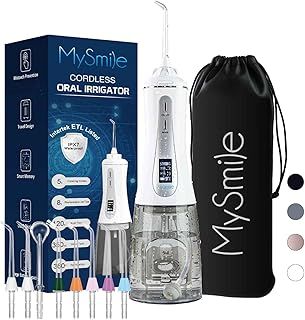 MySmile Powerful Cordless 350ML Water Flosser Portable OLED Display Dental Oral Irrigator with 5 Pressure Modes 8 Replaceable Jet Tips and Storage Bag for Home Travel Use (Juicy Pink)