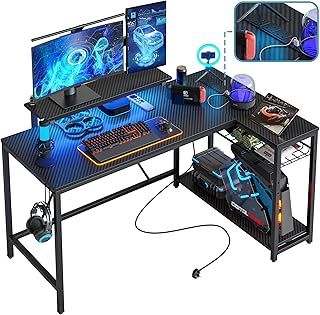 Bestier L Shaped Desk with Power Outlets & LED Lights - Reversible Corner Desk with Shelves - Larger PC Workstation with Hooks for Home Office & Studying