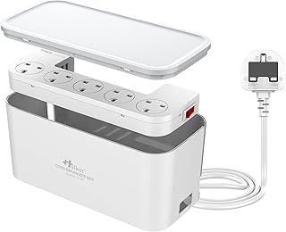 3M Extension Lead with USB, Cable Management Box 5 Gang Plug Extension Socket with Switch, 5 Way Power Strip Cable Tidy Box, Desk Cords Organizer for Kitchen, Dorm, Office, Home