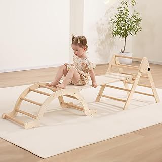 Giant bean Foldable Pikler Triangle Set with Sliding Ramp & Climbing Arch Ramp, 5-in-1 Wooden Toddler Climbing Toys Indoor,Playground Jungle Gym for Kids Age 1-3, Montessori Climbing Set