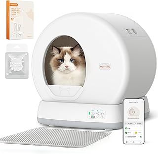 MeoWant Self Cleaning Cat Litter Tray, Integrated Safety Protection Automatic Cat Litter Tray for Multiple Cats, Extra Large/Odor Removal/APP Control Smart Robot Tray with Mat & Liner