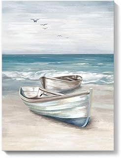 SUMGAR Ocean Wall Art Blue White Sea Canvas Paintings Sandy Beach Pictures Boat Coastal Artwork Framed Seashore Prints Seaside View Home Decor for Bathroom Living Room Bedroom 30x40cm