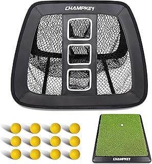 CHAMPKEY Double Sided Golf Chipping Net with Golf Hitting Mat | Come with 12 Foam Golf Balls | 5 Ply-Knotless Netting Chipping Net and Heavy Duty Rubber Backing Hitting Mat Ideal for Training