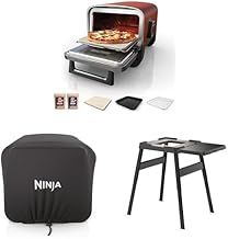 Bundle of Ninja Woodfire Electric Outdoor Oven, 8-in-1 Pizza Oven, High-Heat Roaster & BBQ Smoker with Rack, Pizza Stone, Wood Pellets & Scoop, 6 Pizza Settings, OO101UK + Cover + Stand