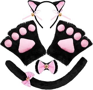 Spooktacular Creations 5 Pcs Kitty Cat Costume Accessories Set with Cat Ears Headband, Paws Gloves, Bow Tie, Tail for Adult, Kids, Cosplay, Halloween Party Dress Up Accessories Set