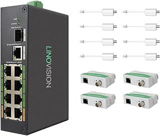 LINOVISION Industrial 8-Port EOC & POE Switch with 4pcs EOC Transmitters, Long Reach PoE Over Coax or UTP Cable, Simplified Wiring, Upgrading Analog System to IP Surveillance System