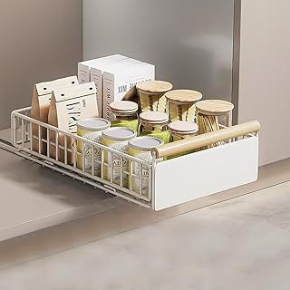 Pull Out Cabinet Organiser, pull out kitchen storage Foldable, Kitchen Cupboard Organiser with Handle, No Drill Adjustable Drawers, Slide Out Drawers for Kitchen Cabinets, Small, White