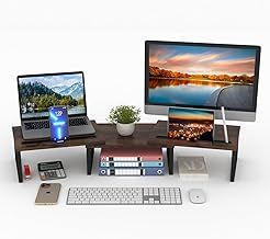 HORLIMER Dual Monitor Stand Riser for Desks, Adjustable Length and Angle Computer Monitor Stand with 2 Slots, Wood Desktop Organizer Stand (Brown)