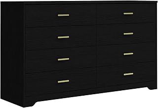 Modern 8 Drawers Lateral Dresser, Wooden Wide Chest of Drawers Large Size Storage Organizer Unit with Metal Gold Handles for Bedroom, Living Room, Hallway, Entryway (Black, 8 Drawers)