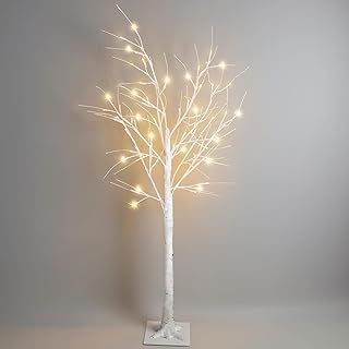 GloBrite 6ft Pre-Lit Twig Christmas Tree with 128 Warm White LEDs - White Birch Design, Bendable Branches, Indoor & Outdoor Christmas Decorations