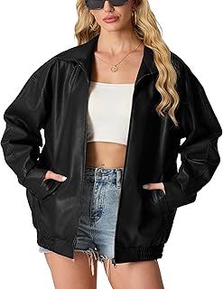 GRECERELLE Faux Leather Jacket Women with Zip Pockets Women's Jackets Long Sleeves Zip Up Motorcycle Jacket Bomber Jacket Womens Coat