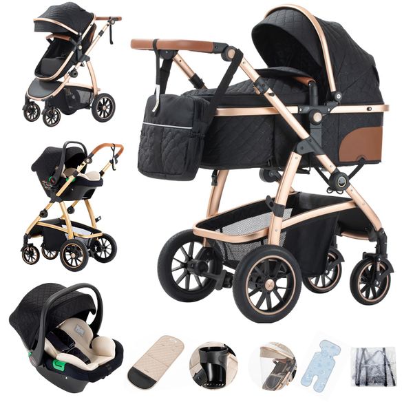 Gcarebb 3 in 1 Prams Travel System, Pushchair with Height Adjustable Handle, Travel Pram with Mosquito Net, Baby Stroller with Aluminum Frame for Newborn 0-4 Years
