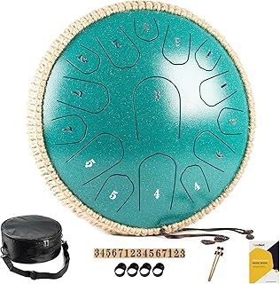 MeloBeat Steel Tongue Drum - 13 Inch 15 Notes Tongue Drum - Hand Pan Drum with Music Book, Handpan Drums Mallets and Carry Bag, D Major (Malachite Green)