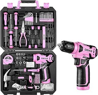 DEKO Pink Tool Kit: 126-Piece DIY Set with 8V Cordless Drill, Electric Drills & Hand Tools for Women