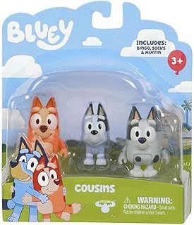 Bluey Cousins: Bingo, Muffin and Socks Figure 3-Pack Playset Articulated 2.5 Inch Action Figures Official Collectable Toy