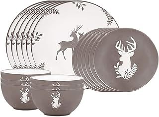 18 Piece Christmas Dinner Set Dishwasher/Microwave Safe Grey & White Hand Painted Stoneware Crockery Dinner Service for Six - 6 Place Settings of Bowl, Side Plate & Dinner Plate