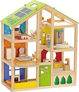 Hape All Season House (Furnished)| Award-Winning 3-Storey Dolls House Toy with Furniture, Accessories, Movable Stairs and Reversible Season Theme