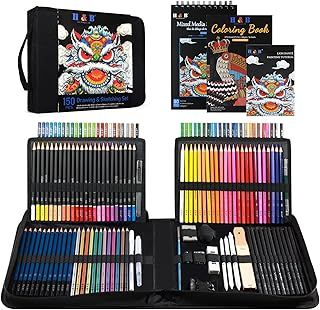 H & B 150 Colouring Pencils Set with Portable Zipper Bag Sketchpad Drawing & Art Supplies Kit Professional Colored Sketching Pencils Coloured Pencils for Artists Kids Adults