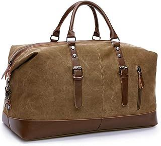 TILEMALL Oversized Canvas Holdall Travel Carry On Duffel Bags Plus Handbag Shoulder Bag Crossbody Overnight Weekend Bag Unisex Travel Holdall Handbag with PU Leather Handle (Coffee)