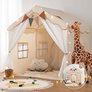 besrey 2-in-1 Kids Play House Tent for Girls & Boys – Indoor Toddler Tent with Lights & Pad, Children Tents for Kids & Toddlers, Large Bed Tents, Princess Playhouse with 2 Doors beige