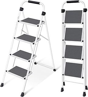 KINGRACK Step Ladder, Folding Ladder with Non-Slip and Wide Pedal, Folding Step Stool for Adults, Lightweight and Portable Step Ladder (White, 4 Steps with handrail)