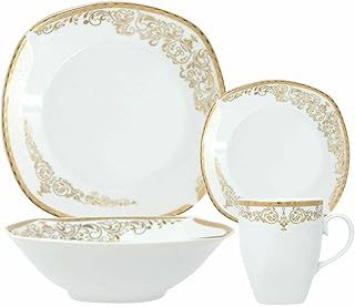 Royal 16-Piece Square Porcelain Dinner Set for 4– 4 Dinner Plates and Bowls Set 4 Side Plates & Mugs, Dishwasher Safe, Highly Resistant Dinnerware, Kitchen & Dining - Vintage Donya - Gold