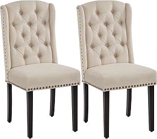 Yaheetech Upholstered Button Tufted Dining Room Chairs Set of 2 Kitchen Chairs with Nailhead Trims and Solid Legs for Home, Restaurant, Beige