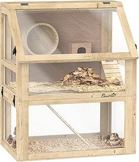 PawHut Wooden Hamster Cage, 3 Tier Gerbil Cage with Detachable 32cm Deep Bottom, Hut, Seesaw, Exercise Wheel, Ramps, Natural Wood Finish