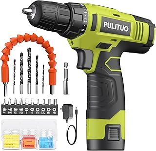 PULITUO 12V Cordless Drill - Powerful Drill Bit Set with Li-Ion Battery, 21+1 Torque Setting, 3/8” Keyless Chuck, Variable Speed Switch, LED Light