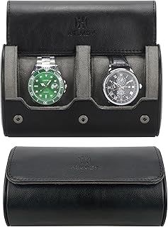 HELMDY Travel Watch Case - Two Watch Roll Storage Box Organizer for Men's Women's Wristwatches & Smart Watches up to 50 mm (Black / 2 Slot)