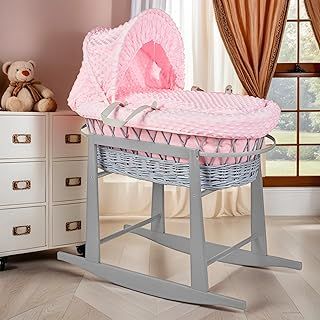 Moses Basket Wicker Grey Rocking Stand Baby Padded Dimple Pink Bedding Full Set with Mattress