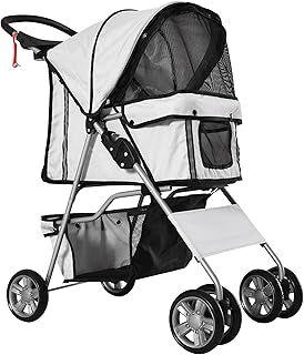 PawHut Pet Stroller for Small Dogs Cats Foldable Travel Carriage with Wheels Zipper Entry Cup Holder Storage Basket Grey