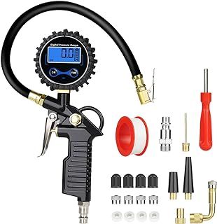 URAQT Digital Tyre Inflator Pressure Gauge, 220 PSI Tyre Pressure Gauge with LCD Display, Heavy Duty Tyre Inflator Air Tool with Rubber Hose and Quick Connect Coupler Air Chuck Compressor Accessories