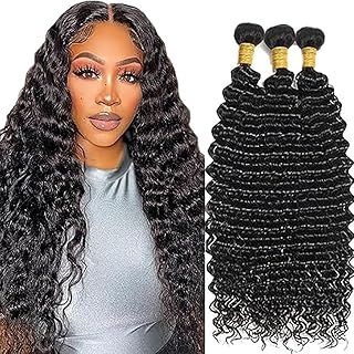 #1b Natural Color Deep Wave Human Hair Bundles Weave 3 Bundles Total 300g 100% Unprocessed Brazilian Virgin Brazilian Remy Human Hair Extension 16 18 20 Inch