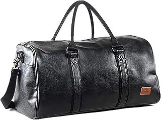 Leather Travel Bag with Shoe Pouch, Waterproof Weekender Overnight Bag, Large Carry On Duffel Bag for Men Women-Black