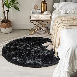 CHOSHOME Round Rug - Soft, Fluffy, Non-Slip, Washable, Shaggy Area Rug for Living Room, Bedroom, Kids Room - Black, 80CM