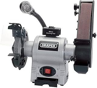 Draper 370W Bench Grinder and Sanding Belt | Powerful Motor Tool Sharpener | Integrated Worklight | Adjustable Eye Shield and Dust Extractor | 05096