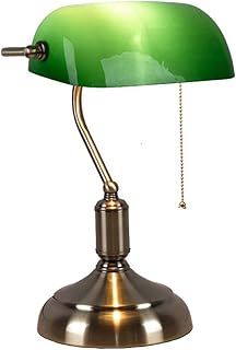 Vintage Desk Lamp/Table Light/Bedside Study Office Banker's Lamp with Green Glass Shade,Brass Base and Pull Switch