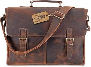moonster Leather Messenger Bag for Men Rustic Messenger Bag for Women – Handmade Full Grain Distressed Buffalo Leather – 16 Inch Laptop Bag with Padded Compartment + Pockets & Adjustable Strap
