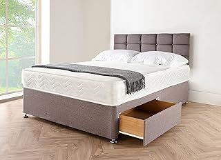 Grey Linen Look Fabric Divan Bed with 2 Storage - 4FT Small Double Bed Frame with 20 Inch Headboard - Bed Base with 10 Inch Spring Memory Foam