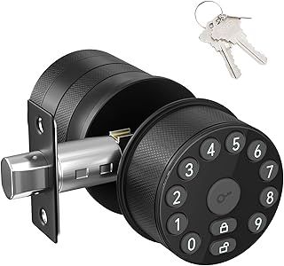 FITNATE Keypad Door Knob Lock, Electronic Door Handle with Keypad and Key, Automatic Locking, User Managed, 100 Codes, for Office, Warehouse, Bedroom, Garage, Black