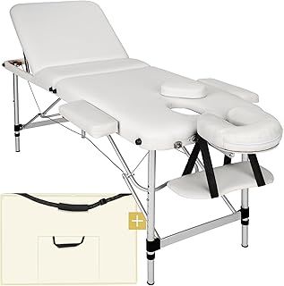 TecTake Lightweight Portable Massage Table, Comfortable 3 section Padded Folding Spa Bed, adjustable massage bed including accessories, aluminium headrest, armrest and storage bag - white